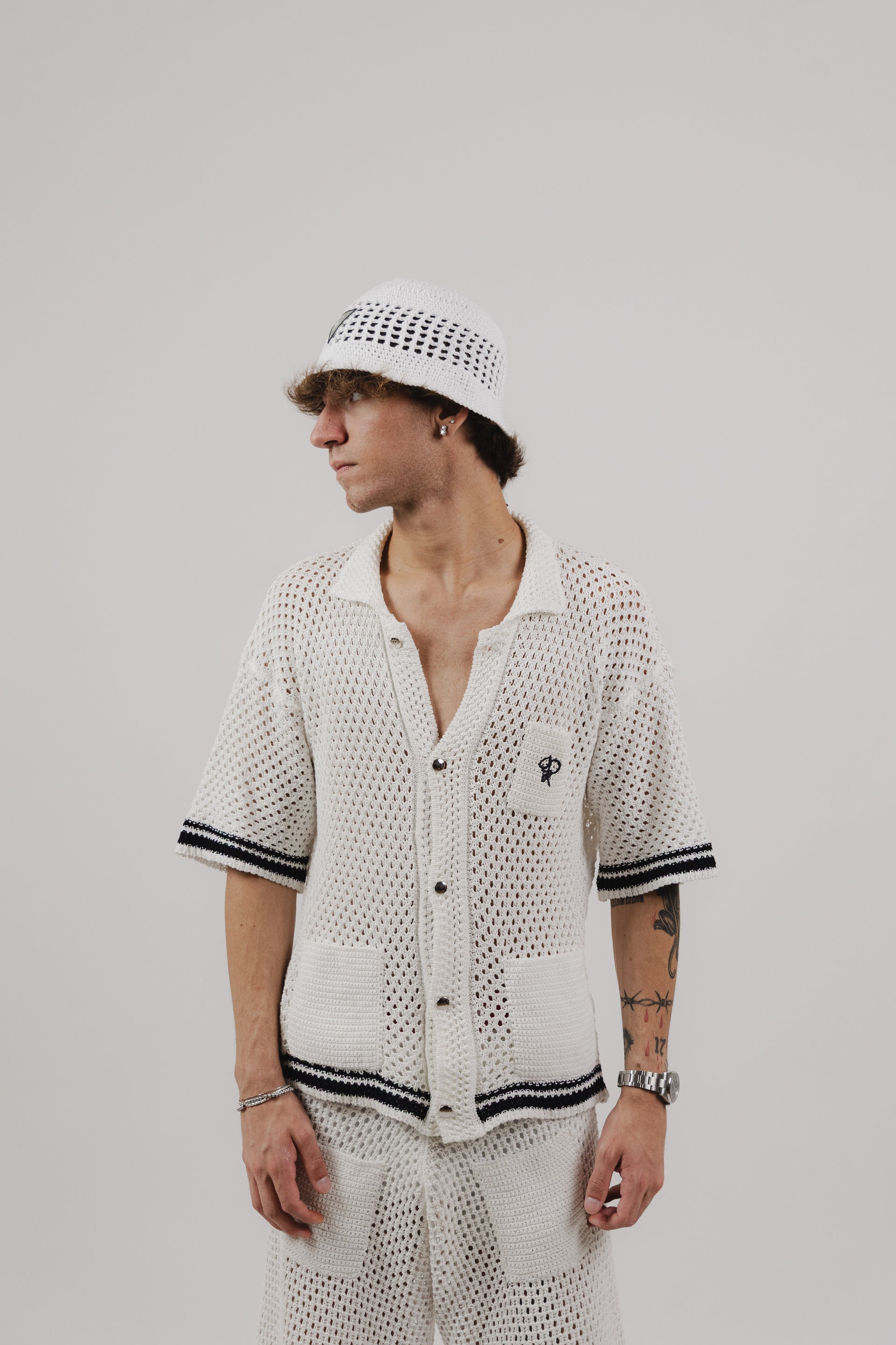 Camicia White & Navy Stripe Crochet Shirt – Semi Hand-made