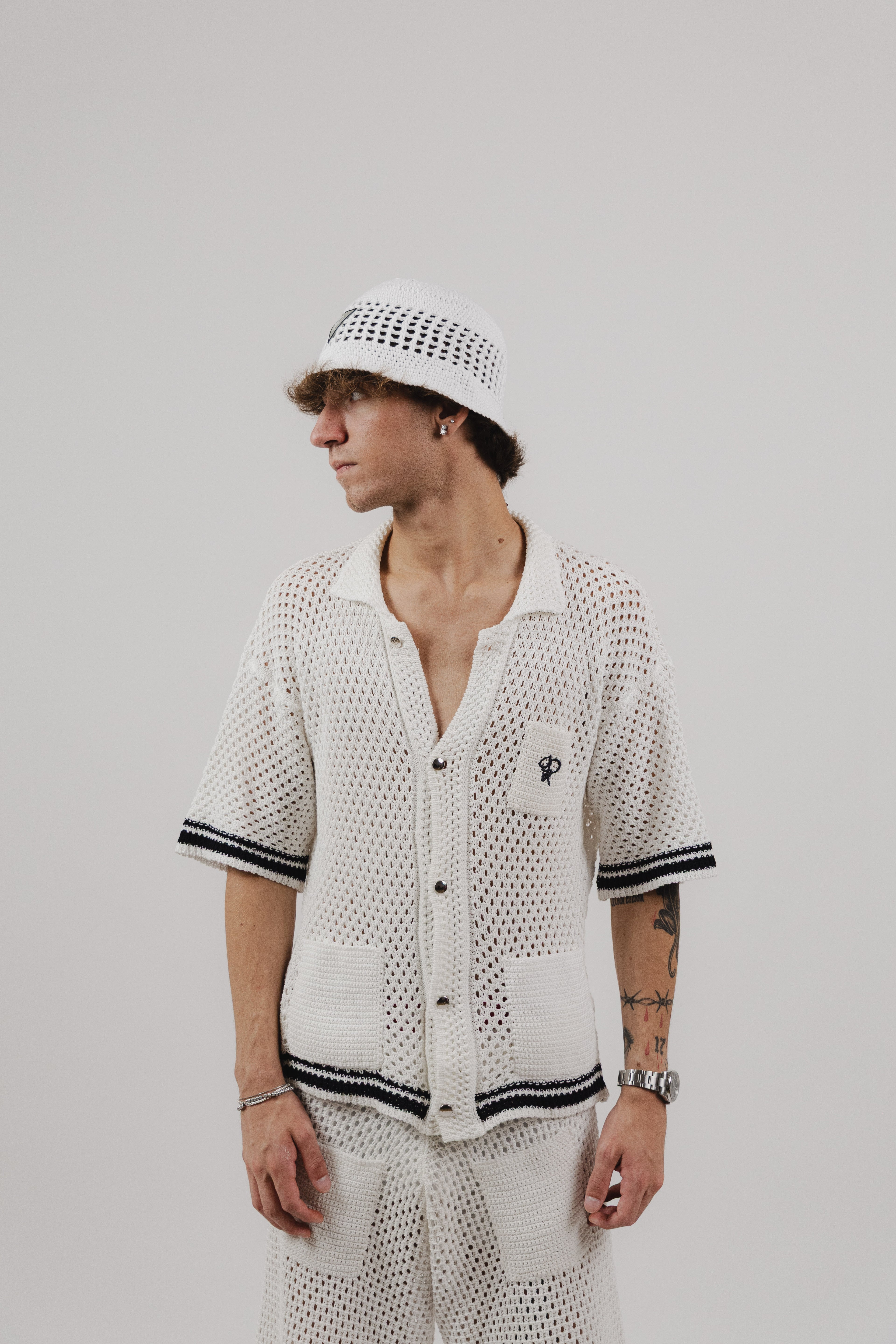 Camicia White & Navy Stripe Crochet Shirt – Semi Hand-made