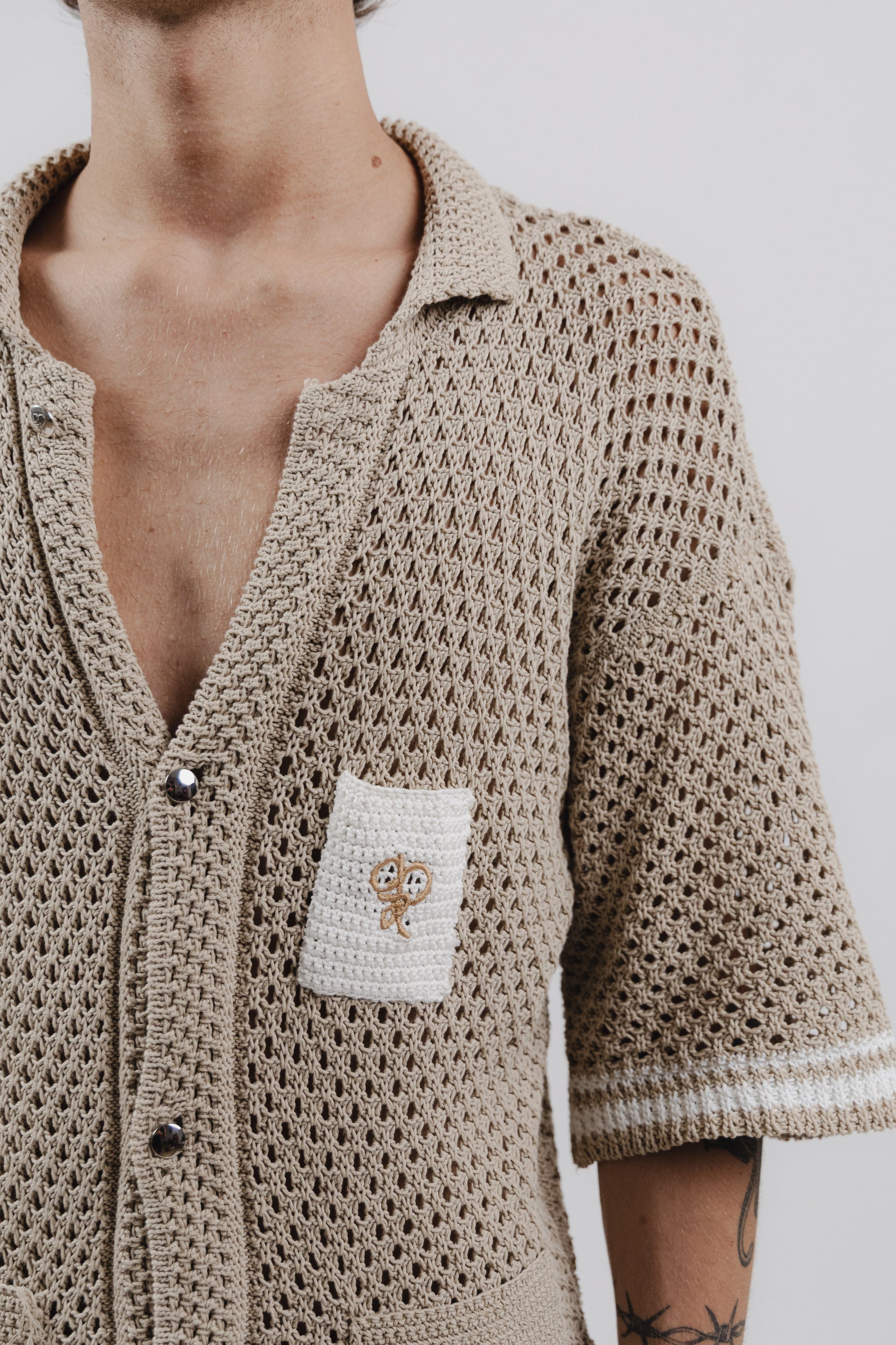 Camicia Beige & White Stripe Crochet Shirt – Semi Hand-made