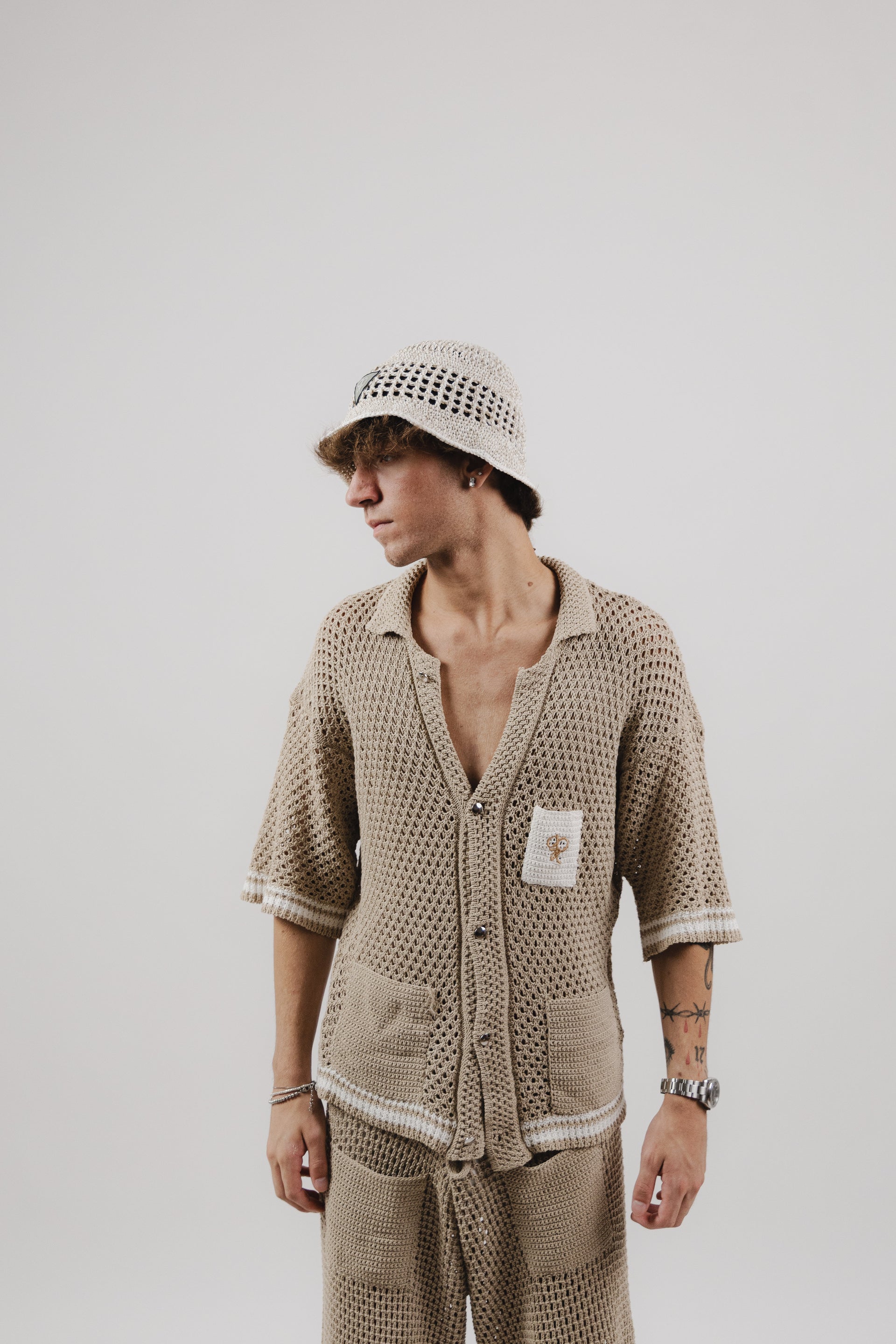 Camicia Beige & White Stripe Crochet Shirt – Semi Hand-made